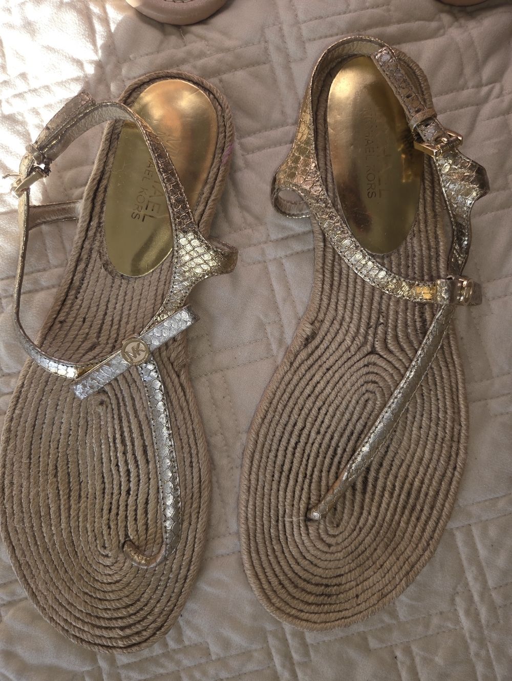 Michael Kors Metallic Gold T-Strap Rope Sole Sandals